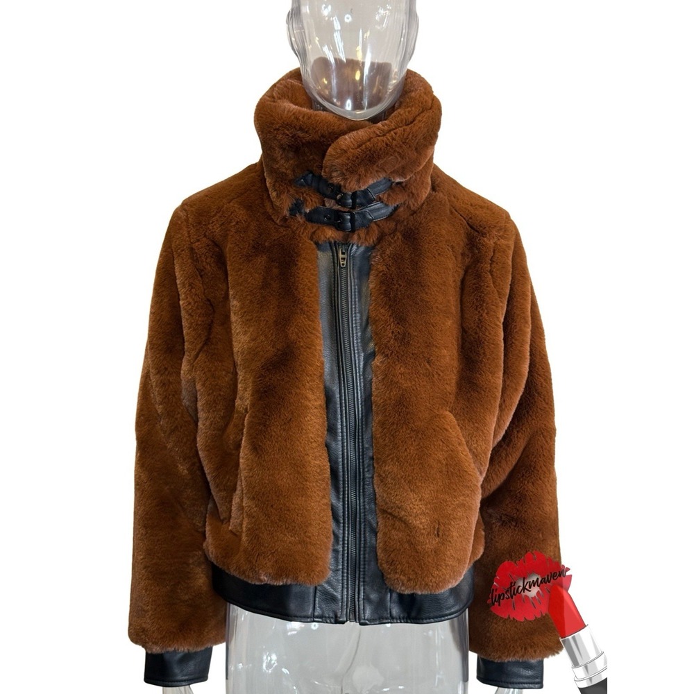BLANKNYC Faux Fur Leather Jacket Women Medium Brown Black Soft Moto Edgy
